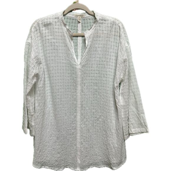 Eileen Fisher White Textured Grid Split Neck Tunic Top Size Small - Picture 1 of 5